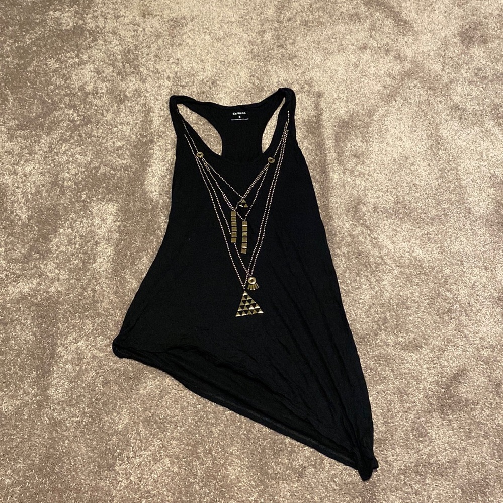 Express Black Asymmetrical Tunic Top Racerback Layered Necklace Detail SIZE M